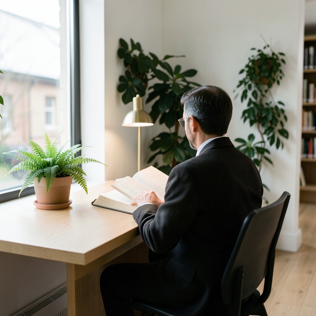 A bright reading room with tall shelves of books, a long wooden table, and a window onto a quiet Seoul side street.