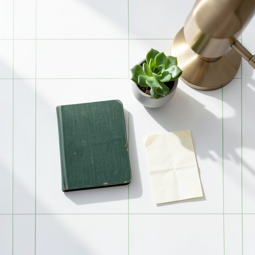 A tidy desk with a letter tray, a fountain pen on a notebook, and a window letting in afternoon light.
