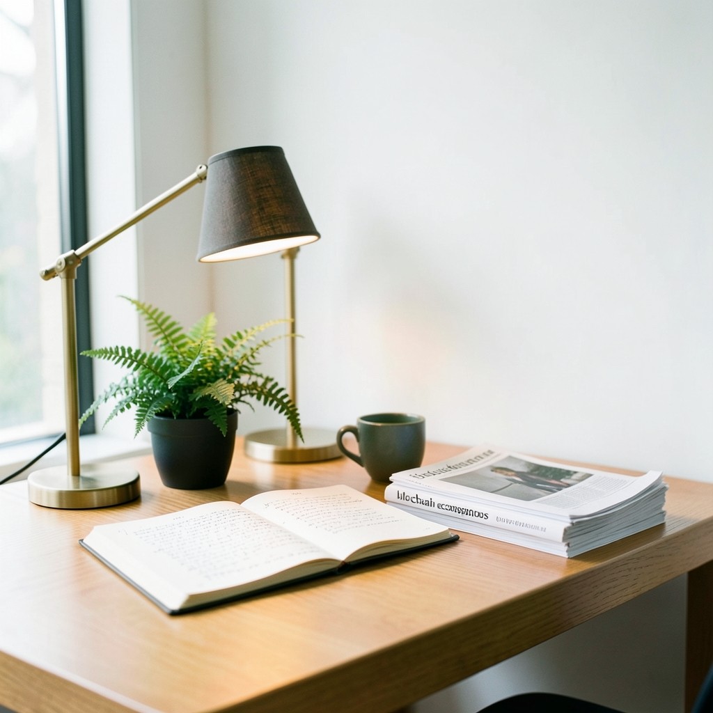 A quiet desk with open notebooks, a printed glossary, and a screen showing Solana account diagrams under warm reading light.