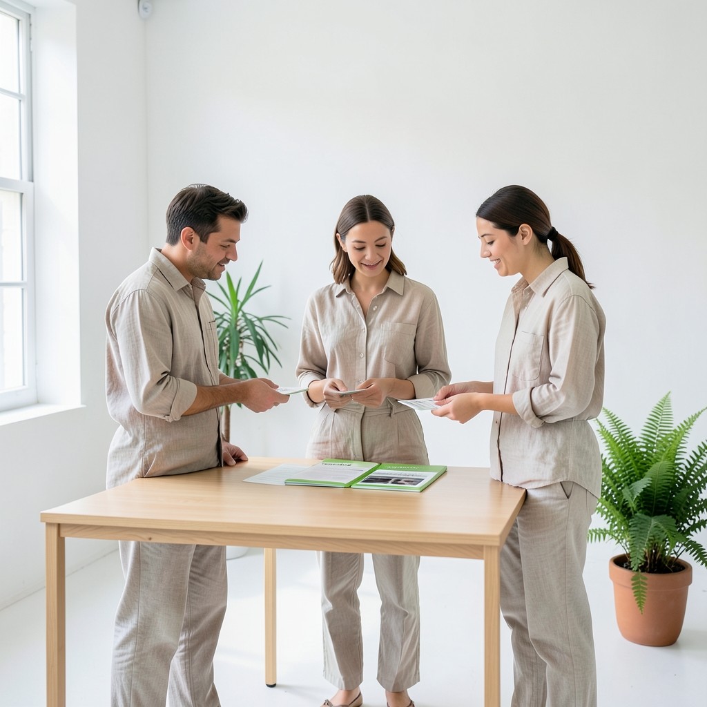 Four people at a long reading table, each with an open laptop and a printed guide.