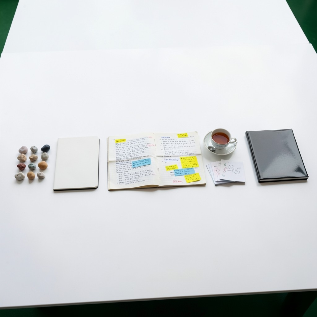 A whiteboard covered in a six-step diagram with arrows and sticky notes.