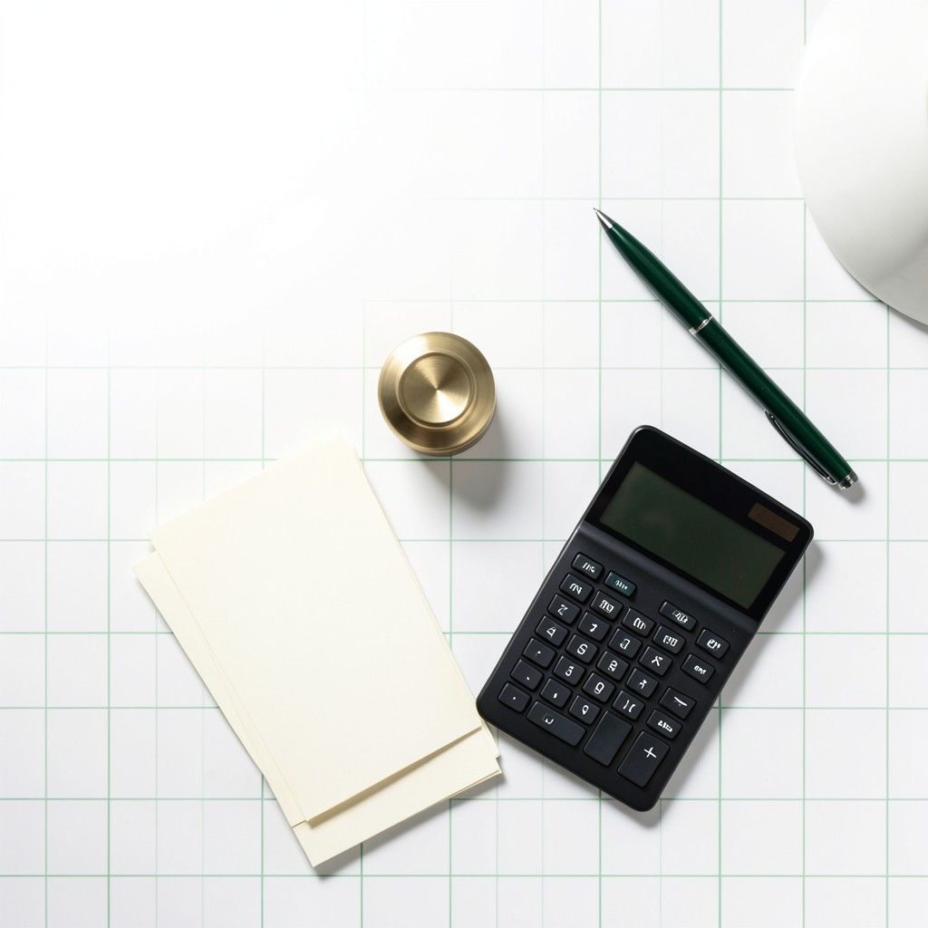 An open ledger on a desk beside a calculator and a stack of printed guides.